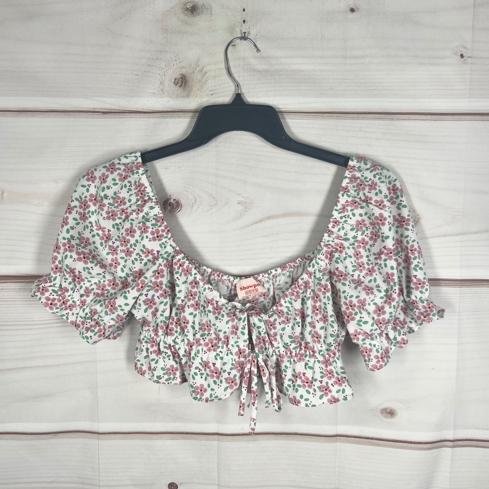 Showpo Crop Top Women Size 6‎ White Pink Floral Puff Sleeve Tie Front Blouse